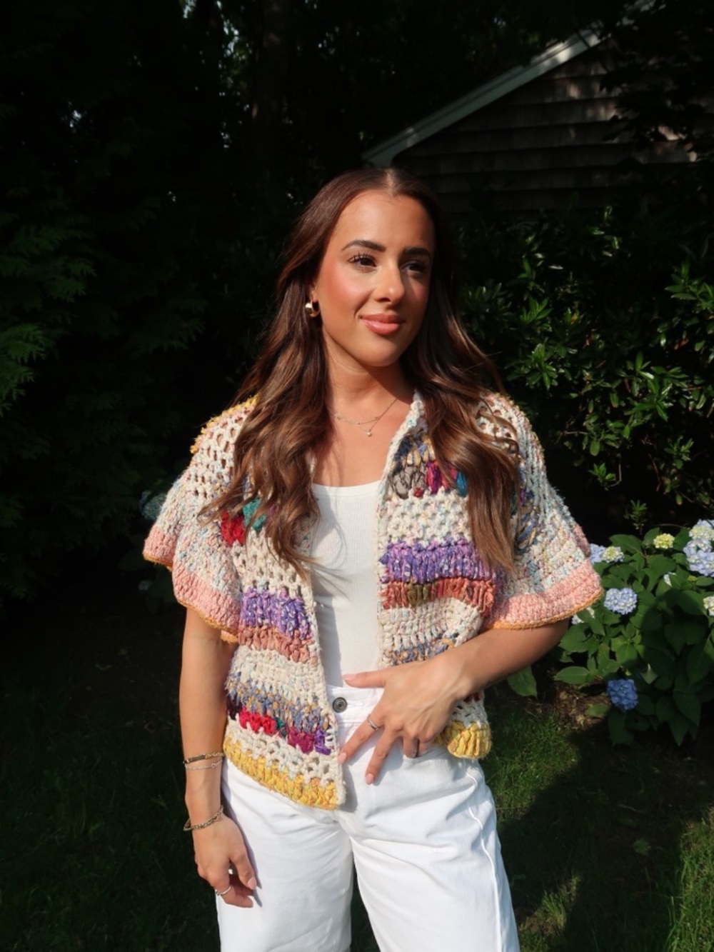 Anthropologie Cream Multicolor Crochet Short-Sleeve Cardigan